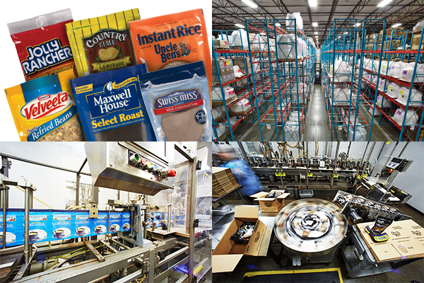 Collage including products, assembly line, packing equipment, and staged packages