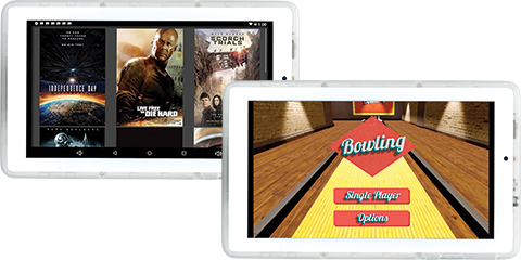 SCORE entertainment tablets showing media and games