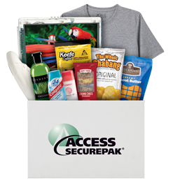 Access Securepak example package with snacks, t-shirt, and other items